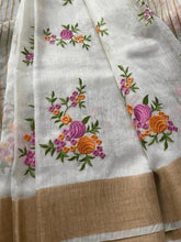 Silk Linen Saree, White, Floral Embroidery - Saree - Aakritee - S10574